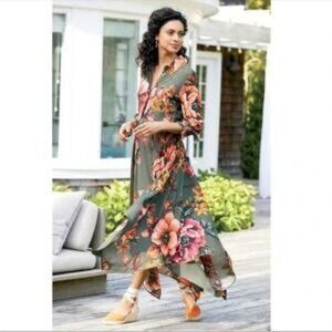 Soft Surroundings Provincia Green Floral 1/4 Sleeve Maxi Women's Dress Medium